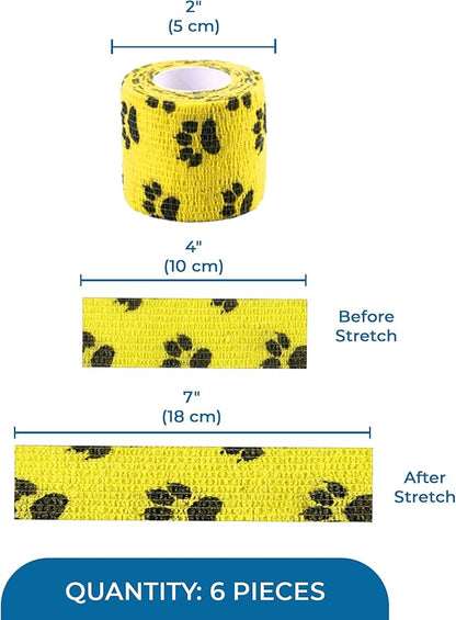 SunGrow Cat Self-Adhesive Bandage, Wound Care, Cuts, Post-Surgery, Hot Spots, 2”(W), Stretchable from 4” to 7”, Breathable Vet Wrap Gauze, 2 Rolls Per Color (Yellow, Blue, Green), 6 Pcs Per Pack 