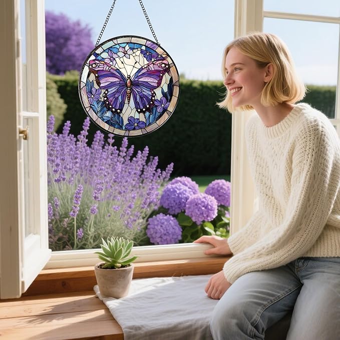 Butterfly Stained Glass Window Hanging Gifts, 7.8″ Sun Catchers for Indoor Window Decor, Decorative Sun Catchers Home Wall Art Gift for Thanksgiving Christmas Wedding Housewarming
