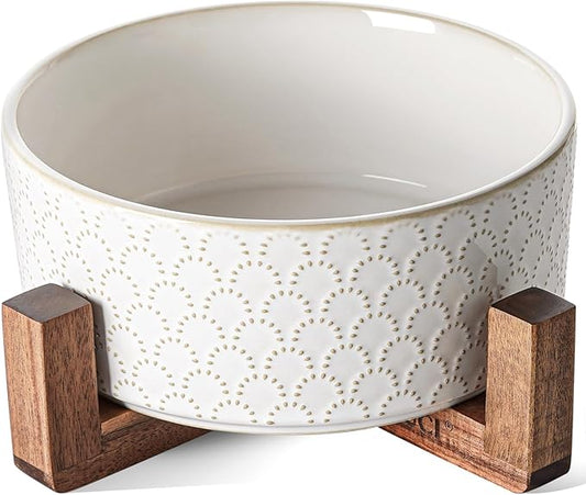 LE TAUCI Ceramic Dog Bowls for Large Dogs, 7" Elevated Water Bowl with Acacia Wood Stand, Single Set for Food & Water, Fireworks