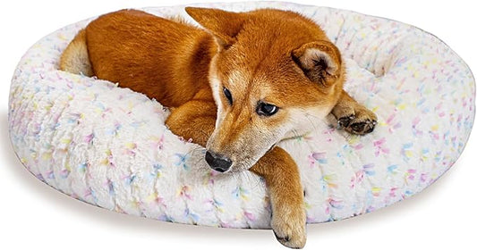 31 Inch Calming Dog Bed for Medium Dogs, Round Anti-Anxiety Warm Bed, Soft Cozy Anti-Slip Donut Washable Pet Bed, Fits up to 50 lbs Pets