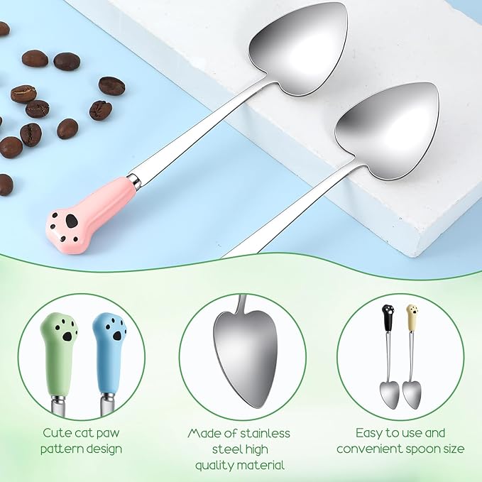 6 Pcs Cat Spoons for Wet Food,Cat Spoon,Stainless Steel Dog Cats Pet Food Can Spoons,Cute Pet Claw Foods Scoop with 5.9 In Long Handle(Pink,Black,White,Beige,Blue,Green)