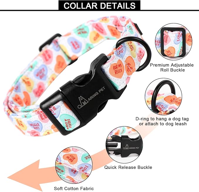 ARING PET Valentine's Day Dog Collar, Cute Candy Heart Pet Collars with Quick Release Buckle for Puppy Small Medium Large Boy Girl Dogs-M