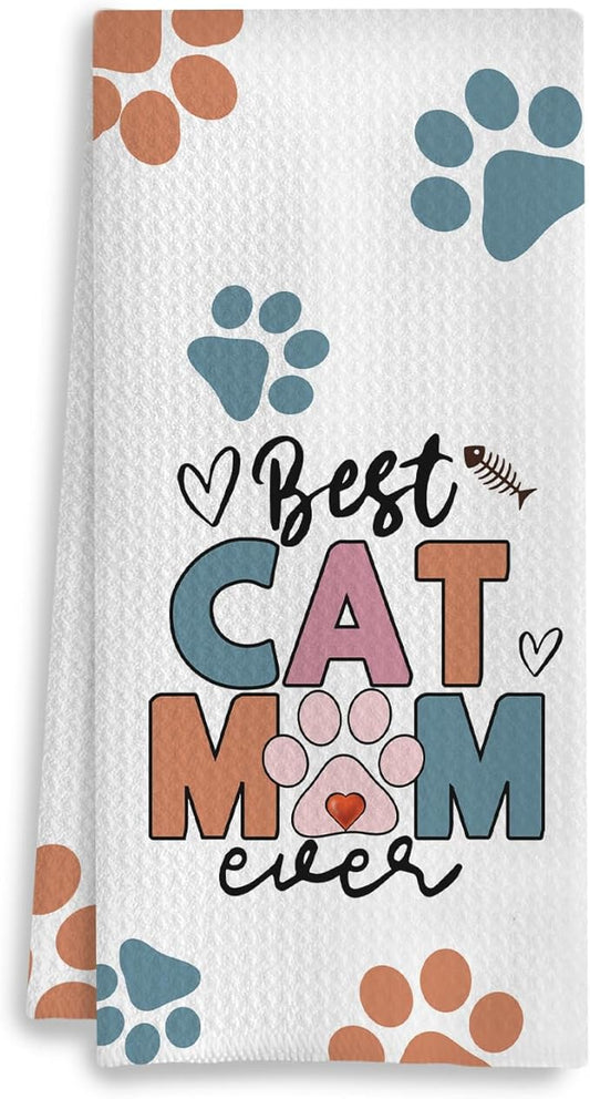Best Cat Mom Ever Kitchen Towels, Cat Mom Lady Lover Gifts for Women, Cute Kitty Kitten Paw Decorative Dish Tea Hand Towels for Kitchen Bathroom, 16x24 Inches(Style A)