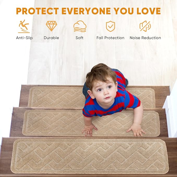 15 Pack 8 "X 30" Non Slip Stair Treads for Wooden Steps, Carpet Stair Treads Made of Polyester and Reusable Adhesive, Stair Runner Rugs for Kids, Elders and Dogs Pets (Beige)
