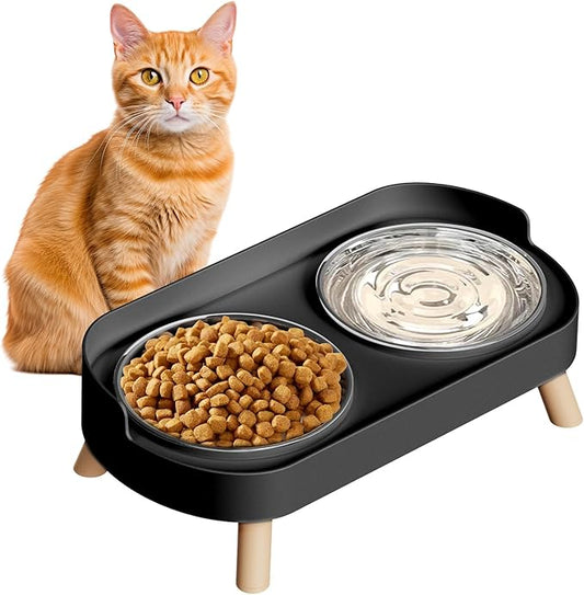 Elevated Cat Bowl, Raised Cat Food and Water Bowl Set for Indoor Cats, Splash Proof with 4 Stainless Steel Pet Food Bowls for Cats and Puppies, Whisker Fatigue and Dishwasher Safe - Black