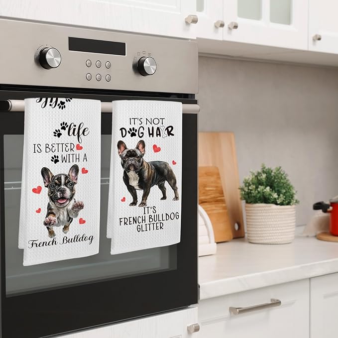 French Bulldog Gifts Kitchen Towels Set of 2, Funny Dog Hand Towels for Bathroom Decor, French Bulldog Gifts for Women DogLovers, Frenchie Dog Gift Dishcloths Dish Towel forKitchen 16X24 Inches