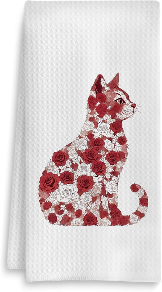 Red White Rose Floral Cat Kitchen Towel, Floral Cat Hand Towel for Bathroom Decor, Kitten Dish Tea Towel for Kitchen Decor, Pet Gifts for Kitten Lovers Women Girls, 16x24 Inch