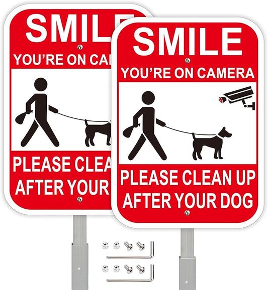 2Pack Clean UP After Your Dog Signs with 28-inch Metal Stake, 12x8 Inches, Smile You're on Camera, No Pooping Signs for Yard Aluminum