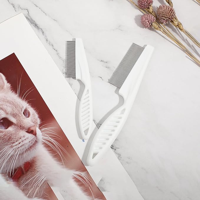 TIESOME 2PCS Stainless Steel Flea Comb for Dogs Cats, Tear Stain Remover Promotes Hair Growth Removes Loose Hair Fleas Dual-Size Grooming Brush for All Breeds(White)