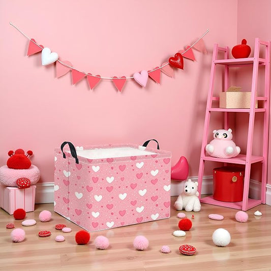 HIYAGON Rectangular Valentines Basket Baby Girl Storage Bin Pink Basket Organizer Box Heart Room Decor(Pink Hearts)