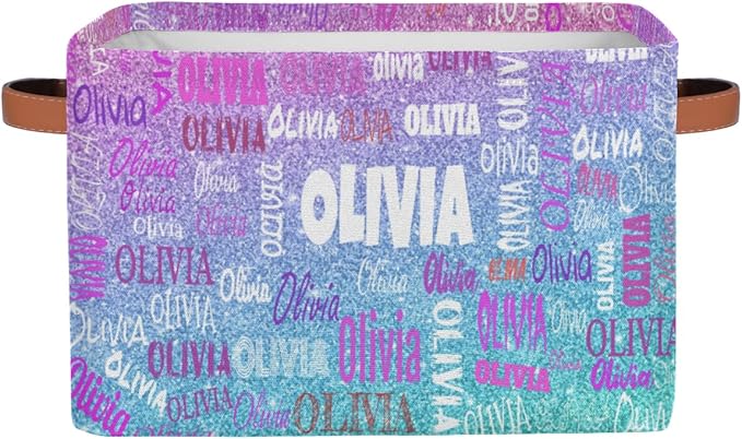 Custom Rectangle Storage Basket, Personalized Name Organizer Bin for Pet/Children Toys, Books, Clothes, Perfect for Rooms/Playroom, Light Blue Purple Glitters Bling
