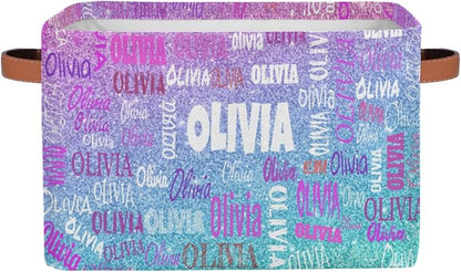 Custom Rectangle Storage Basket, Personalized Name Organizer Bin for Pet/Children Toys, Books, Clothes, Perfect for Rooms/Playroom, Light Blue Purple Glitters Bling