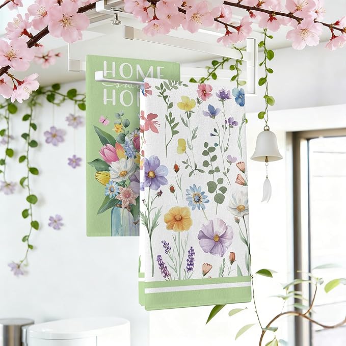 Spring Summer Floral Kitchen Dish Towels Set of 2, Green Floral Home Sweet Home Drying Hand Towel Baking Cooking Cloth, Wildflower Mason Jar Family Bathroom Decoration 18'' x 26''