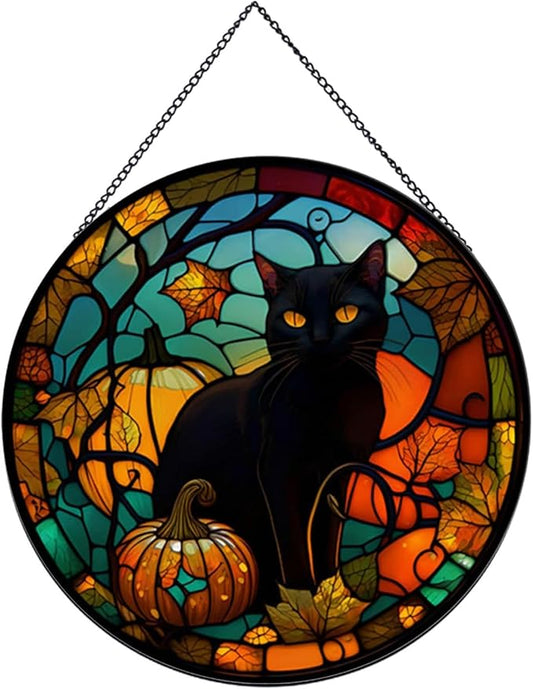 Black Cat Pattern Suncatcher Stained Glass,Hanging Stained Glass for Windows for Cat Lovers,20cm/7.87inch Hand-Painted Sun Catcher Garden Hangings Halloween Fall Christmas Decor for Home