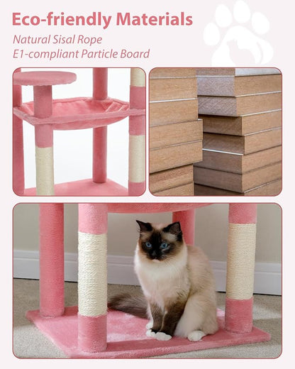 MUTTROS Cat Tree for Large Cats with Metal Plush Big Hammock, 56.3" Cat Tower for Indoor Cats with 2 Door Condo House, 6-Tier Cat Shelves with Scratching Posts and Large Top Perch, Pink