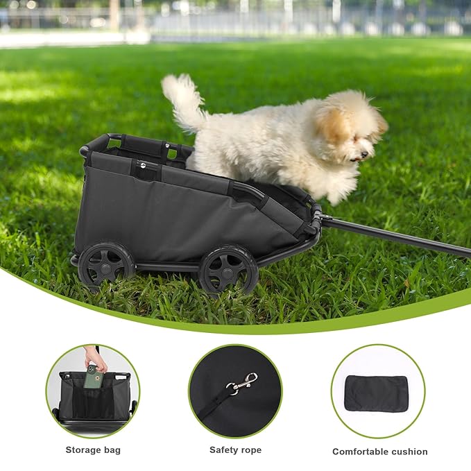 Mini Dog Strollers for Mini Pets, Foldable Multifunctional Shopping Carts with Extendable Pull Handle, Doggie Wagon Built-in Cushion and Safety Rope with Storage Bag (Black)