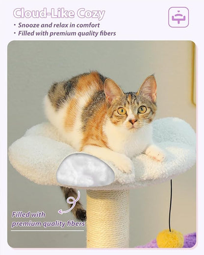 MUTTROS Purple Flower Cat Tree for Small Indoor Cats w/Large Metal Frame Hammock, 35" Cute Cat Tower with Sisal Scratching Posts, Cozy Condo with Cloud White Bed for Kittens