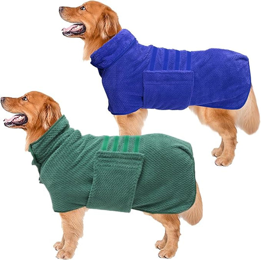 Geyecete 2 Pack Dog Bathrobe Towel Dog Drying Coat-Dry Fast Dog Bag-Pineapple Grid Fast Drying Super Absorbent Pet Dog-Blue/Green-XL