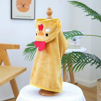 Dog Bathrobe with Hood Super Absorbent Soft Quick Drying Towel Wrap Adjustable Puppy Cat Bath Robe Towel for Cold Weather Beach Pool (Yellow Chicken, Small)