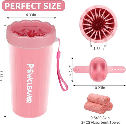 Professional 7 in 1 Dog Paw Cleaner for Dogs - Includes 1 Portable Paw Washer, 1 Bath Brush, 2 Dog Toothbrushes and 3 Absorbent Towels Note: Fits Paws 2.5 to 3.5 Inches Wide (Large, Light Pink)