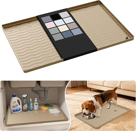 URMONA Waterproof Silicone Under Sink Mat 22'' x 14'' Shelf Liner for Kitchen and Bathroom, Cabinet and Counter Protector, Storage and Organizers, Litter Mat, Pet Cat Puppy Essentials(Khaki)