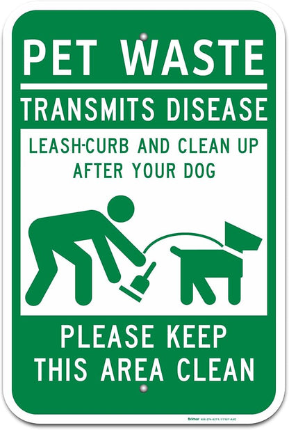 Brimar - 12" x 18" - Clean Up After Your Dog Sign - .063″ White Rust-Free Aluminum - Clean Up Symbol - Easy Installation
