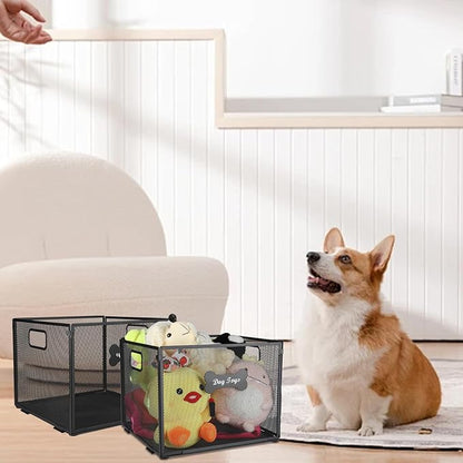 2pack Dog Toy Box, Large Metal Dog Toy Basket-Wire Mesh Basket-Cute Pawprint Dog Bone-Pet Accessory Rust-Resistant Finish-for Cat Toys Organization & Storage