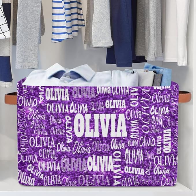 Personalized Storage Bins, Customized Name Storage Basket Rectangle Clothes Organizer for Organizing Kids and Pets Toys Shelf Closet, Bright Color Purple Sequins Pattern Print