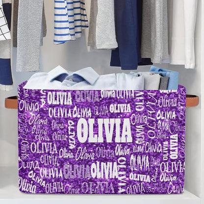 Personalized Storage Bins, Customized Name Storage Basket Rectangle Clothes Organizer for Organizing Kids and Pets Toys Shelf Closet, Bright Color Purple Sequins Pattern Print