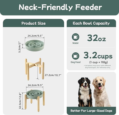 Ceramic 3.2 Cup Raised Slow Feeder Dog Bowl Set, Elevated Bowl with Wooden Stand for Large Dog, 9.5inch Puzzle Slow Pet Food Dish, Anti-Gulping(Light Green, Single Bowl+ Stand)