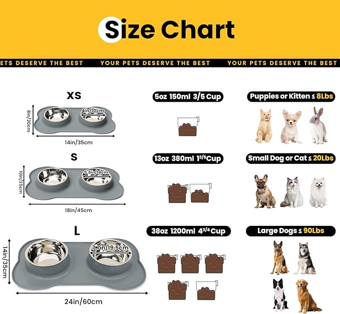 Dog Bowls with Non-Slip Silicone Mat, Spill Proof Large Food & Water Bowls Set, Easy Clean Dog Food Dish, Dishwasher Safe, Suitable for Dogs Cats Pet Under 90lbs, Large, Grey