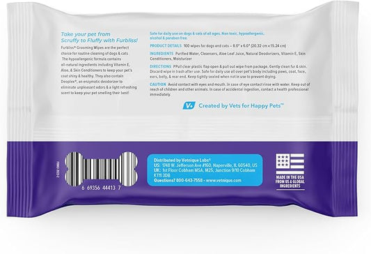 Vetnique Furbliss Hygienic Dog Grooming Wipes Cleansing Grooming & Deodorizing Hypoallergenic Pet Wipes with Natural Deodorizer 100ct (Unscented)