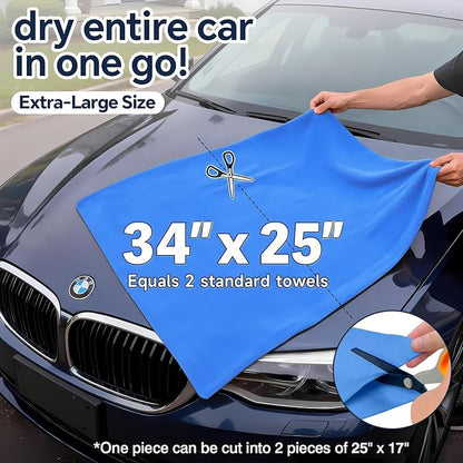 Premium Shammy Cloth for Car Drying (34”x25”)-Super Absorbent Chamois Towel for Car-Reusable Shammy Towel for Car, Bathroom,Pets, Dust Remove, No Spots/Streak/Scratch, Blue