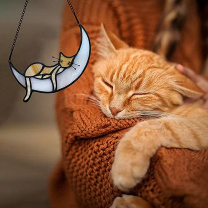 BOXCASA Stained Glass on Moon Cat Windown Hanging,Handcrafted Suncatcher Orange Cat Mom Gifts for Women,Daughter,Mothers Day,Christmas