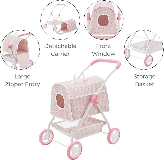 Olivia's Little World Polka Dots Princess Doll Animal Stroller with Detachable Toy Pet Carrier - Pet Doll Pram for 3 yrs and Up - Pink/Gray