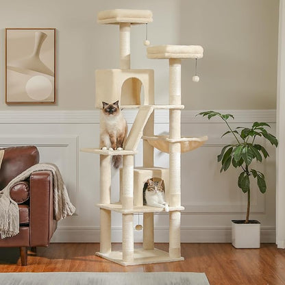 PAWZ Road Large Cat Tower, 70 Inches Tall Cat Tree with 2 Cozy Condos, 2 Plush Perch, Large Basket, 2 Scraching Pad & 6 Scraching Posts for Indoor Cats Adult, Beige