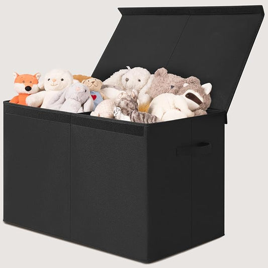 INDRESSME 122L Large Toy Storage Box with Lid, Toy Storage Organizer, Toy Baskets with Dividers for Playroom, Bedroom, Closet, Storage Bins for Kids, Boys Girls 26"x17"x17" (Black)