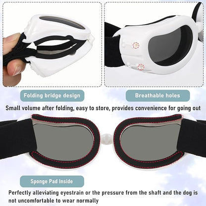 Frienda Dog Helmet and Goggles, UV Protection Doggy Sunglasses and 4 Inch Padded Puppy Motorcycle Helmet Adorable Dog Goggles with Adjustable Belt for Small Dogs Puppy Riding(White,M)