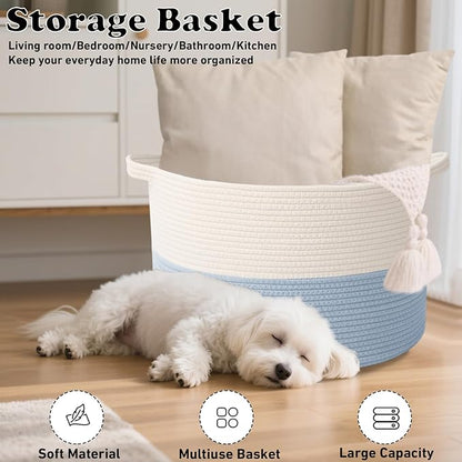 115L Large Blanket Basket,23.6" L x 23.6" W x 15.7" H Rope Woven Baskets with Handles, Toys Storage Bins,Laundry Basket Perfect for Living Room, Nursery,Bedroom,Home Organization,White&Blue