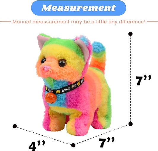 Hopearl Walking Cat Interactive Electronic Pet Plush Kitty Toy with Sounds and Movements Animated Meow Shake Head Wiggle Tail Gifts for Toddlers Birthday, Rainbow, 7''