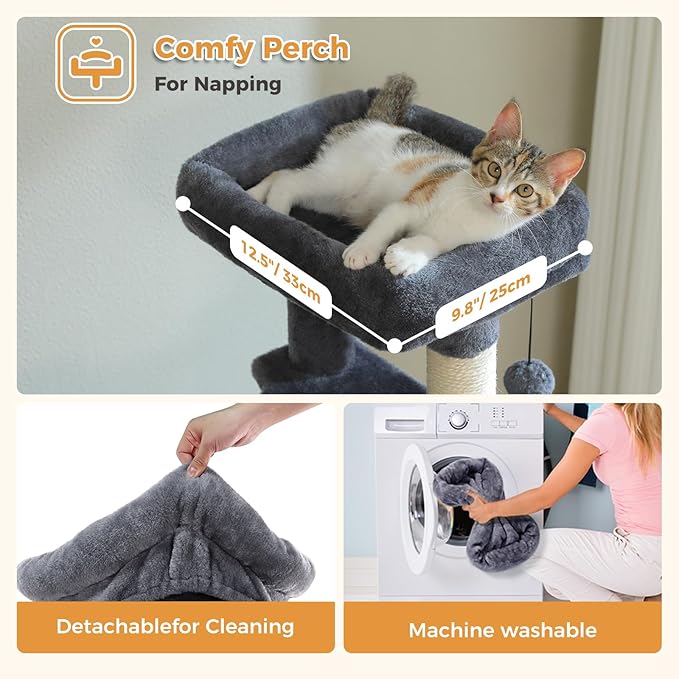 PAWZ Road Cat Tree, 51.6 Inches Cat Tower with Dual Condos, Spacious Perch, Cozy Basket and Sisal-Covered Scratching Posts for Small Cats and Kittens- Dark Gray