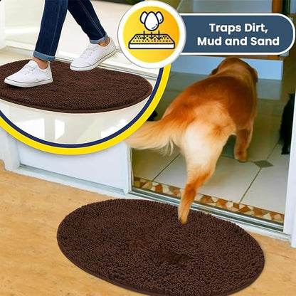 Muddy Mat® Shown on TV – Super Absorbent Microfiber Dog Door Mat for Muddy Paws, Non-Slip Washable Pet Rug, Quick Dry Chenille Entryway Carpet,Machine Washable Indoor Outdoor Mat, Brown Oval 6ft x 9ft