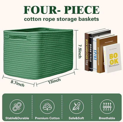 Storage Baskets for Organizing, 4 Pack Baskets for Shelves, Decorative Storage Bins for Shelves, Cotton Rope Storage Basket with Handles, Woven Basket for Storage, 13''Lx8.7''Wx7.9''H, Green