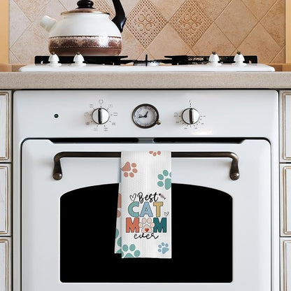 Best Cat Mom Ever Kitchen Towels, Cat Mom Lady Lover Gifts for Women, Cute Kitty Kitten Paw Decorative Dish Tea Hand Towels for Kitchen Bathroom, 16x24 Inches(Style D)