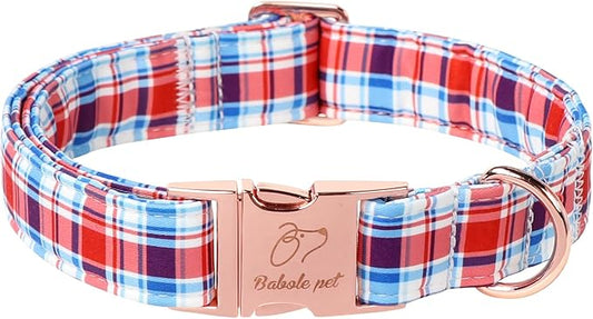 Adjustable Plaid Boy Dog Collar - Classic Boy Dog Plaid Collars for Medium Dogs, Durable Red White Blue Heavy Duty Metal Buckle Pet Collar M