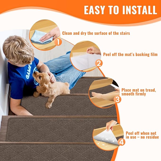Stair Treads Non-Slip for Wooden Steps, 15Pack - 8" x 30" Edging Stair Runner Indoor for Kids Elders & Pets, Washable Carpet Stair Treads with Peel & Stick Reusable TPE Backing, Brown