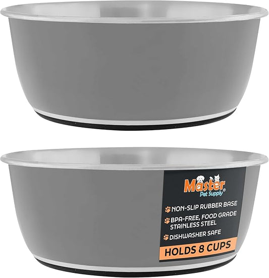 Master Pet Supply Stainless Steel Dog Bowls Set of 2 (64 Oz Each) with Non-Slip Rubber Base - Graphite - Basic Dog Food Bowl Water & Food Bowls for Small Medium Large Dogs & Cats, Metal Dish