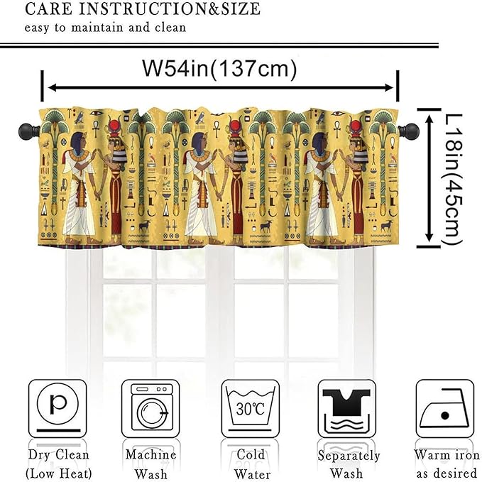 Vintage Ancient Egypt Curtains Valance, Mysterious Old Egypt African Pharaoh Theme Egyptian Culture Window Valance Curtain for Farmhouse Bedroom Living Room Kitchen 54x18inch