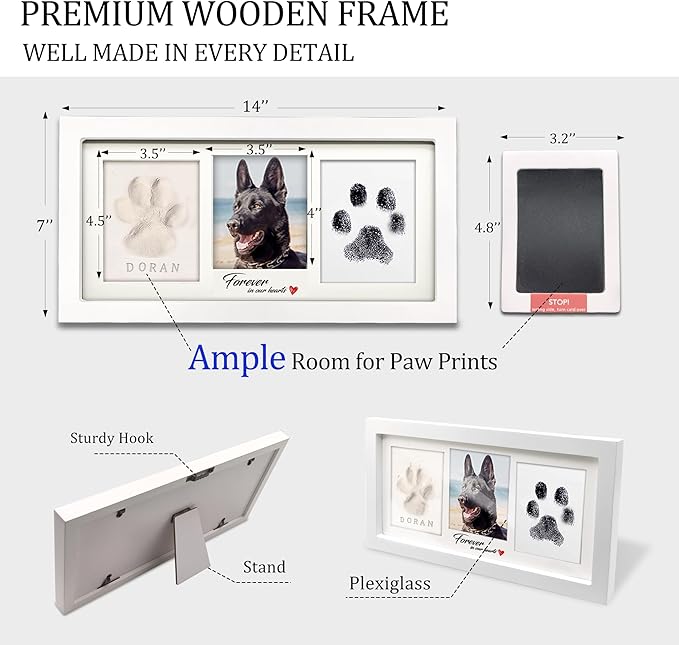 MYPAWLETS Paw Print Frame Kit,Dog/Cat Paw Print Kit,Soft Pawprint Clay&Clean Touch Ink Pad,Pet Paw Print Impression Kit with Customization Tool,Wooden Pet Memorial Frame,DIY Dog Lover Gifts-White