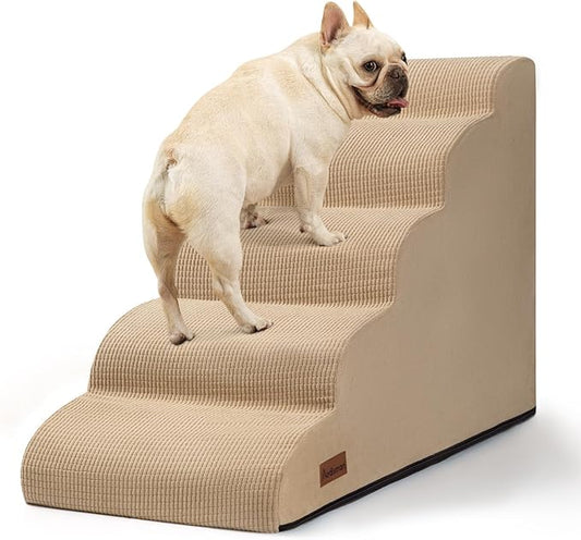 5-Step Dog Stairs and Ramp for High Bed, Non-Slip Sturdy Pet Steps for Small Dogs and Cats,22.2" H,Khaki